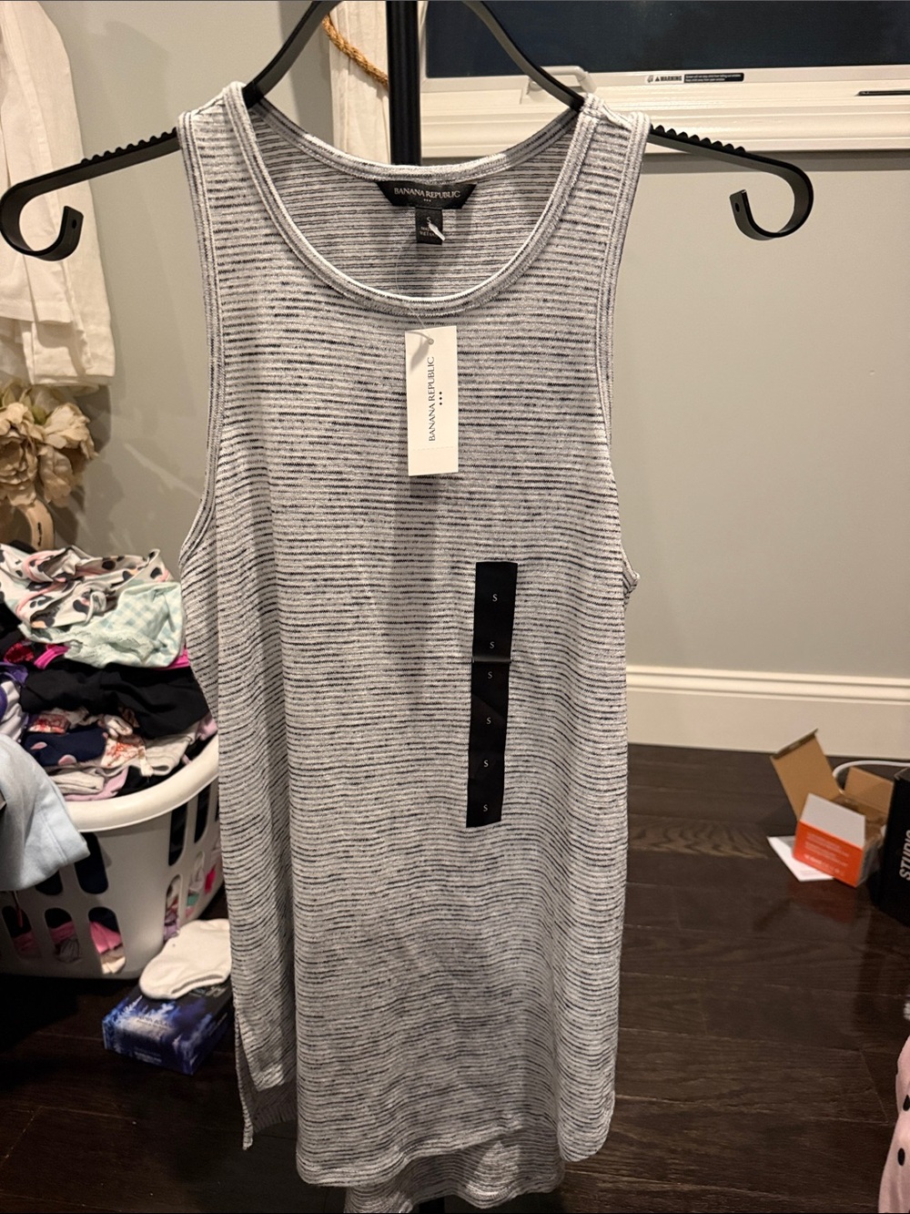 Banana Republic Gray and White Striped Sleeveless Midi Dress